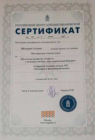 Сертификат Целостное развитие личности с помощью метода Архитепический портрет Расширяеем финансовый поток